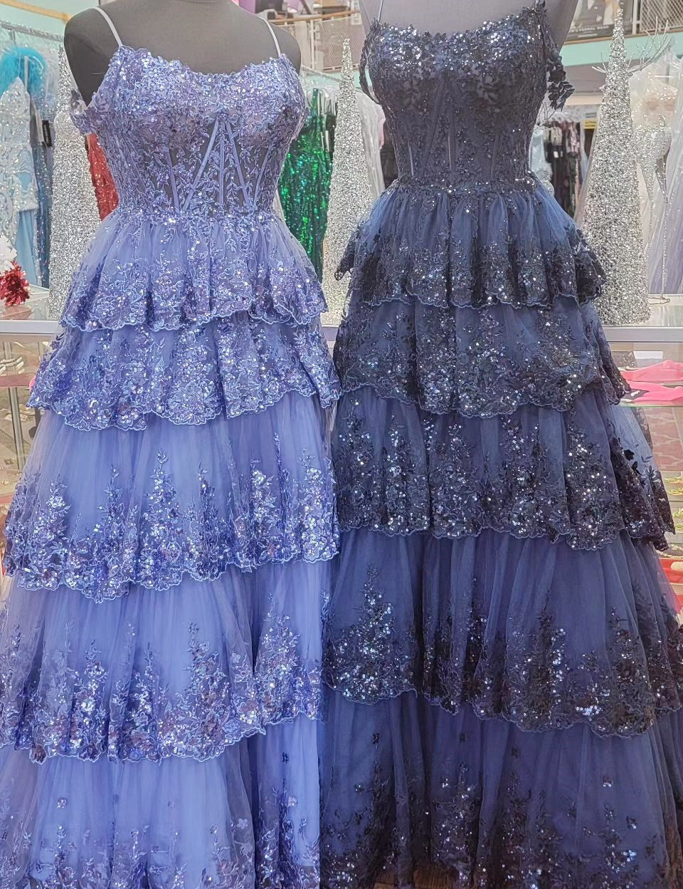 Maureen | Tulle Sequin Cold-Shoulder Ruffle Tiered Long Prom Dress