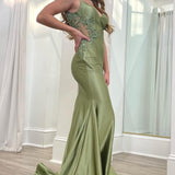 Sage Green Spaghetti Strap Backless Trumpet Long Gown