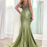 Sage Green Spaghetti Strap Backless Trumpet Long Gown