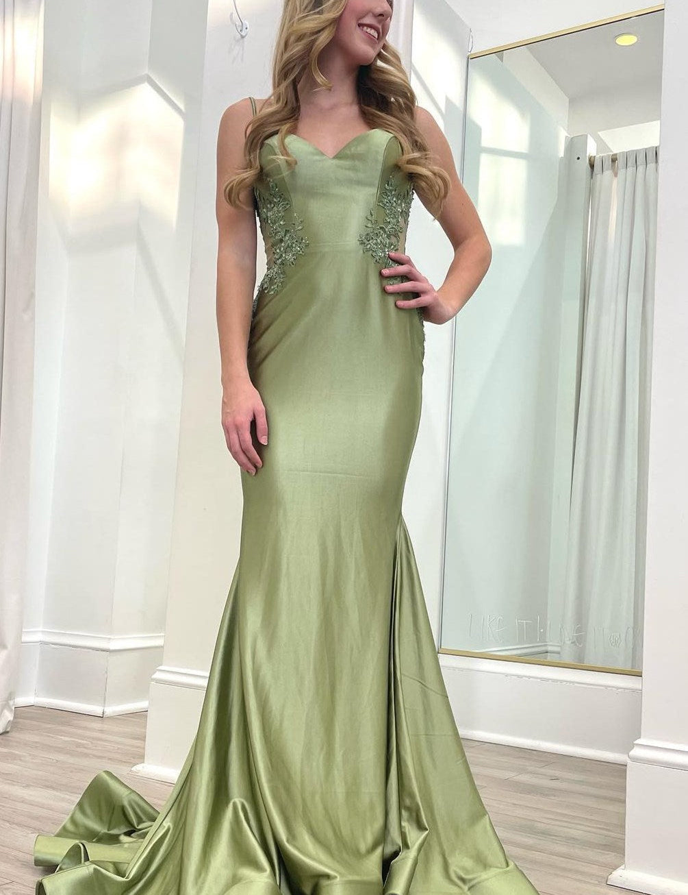 Sage Green Spaghetti Strap Backless Trumpet Long Gown