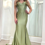 Sage Green Spaghetti Strap Backless Trumpet Long Gown