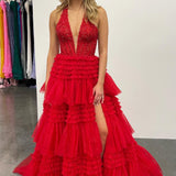 Red Tulle Appliques Halter Ruffle Tiered Ball Gown