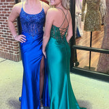 Royal Blue Appliques Scoop Neck Mermaid Long Formal Dress