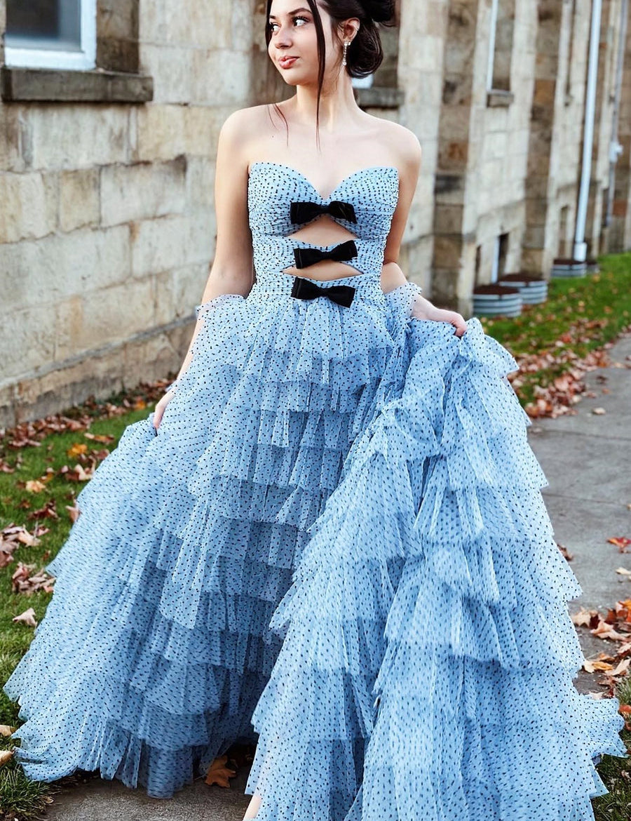 Polka Dot Strapless Ruffle Tiered Prom Gown with Keyholes