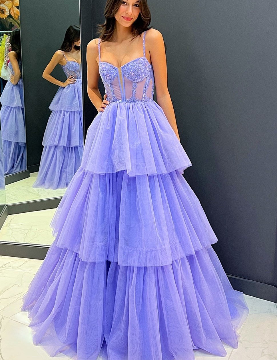 Tiered Ruffle Sequin-Embroidery Corset Long Prom Gown