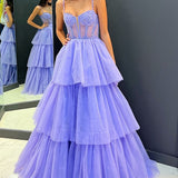 Tiered Ruffle Sequin-Embroidery Corset Long Prom Gown