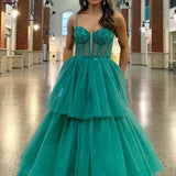 Tiered Ruffle Sequin-Embroidery Corset Long Prom Gown