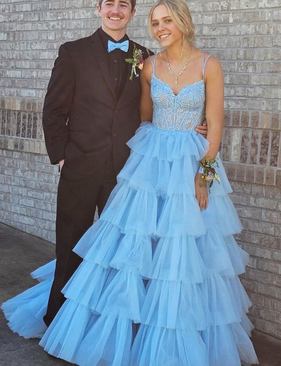 Tiered Ruffle Appliques Corset Long Prom Dress with Spaghetti Straps