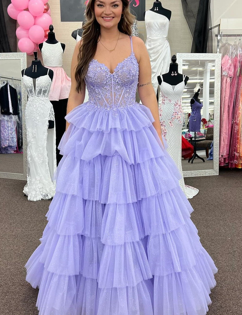 Tiered Ruffle Appliques Corset Long Prom Dress with Spaghetti Straps