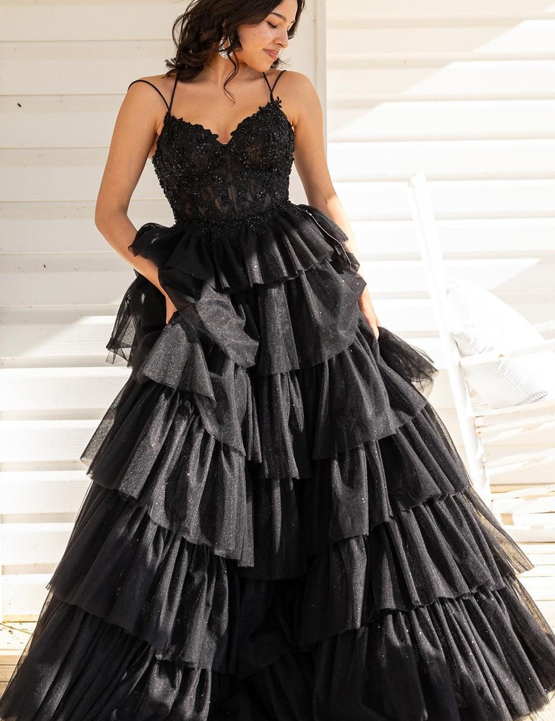 Tiered Ruffle Appliques Corset Long Prom Dress with Spaghetti Straps