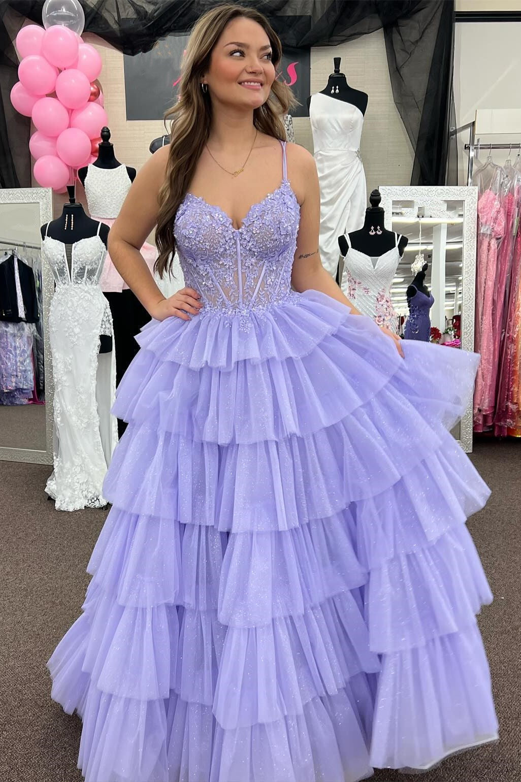 Tiered Ruffle Appliques Corset Long Prom Dress with Spaghetti Straps