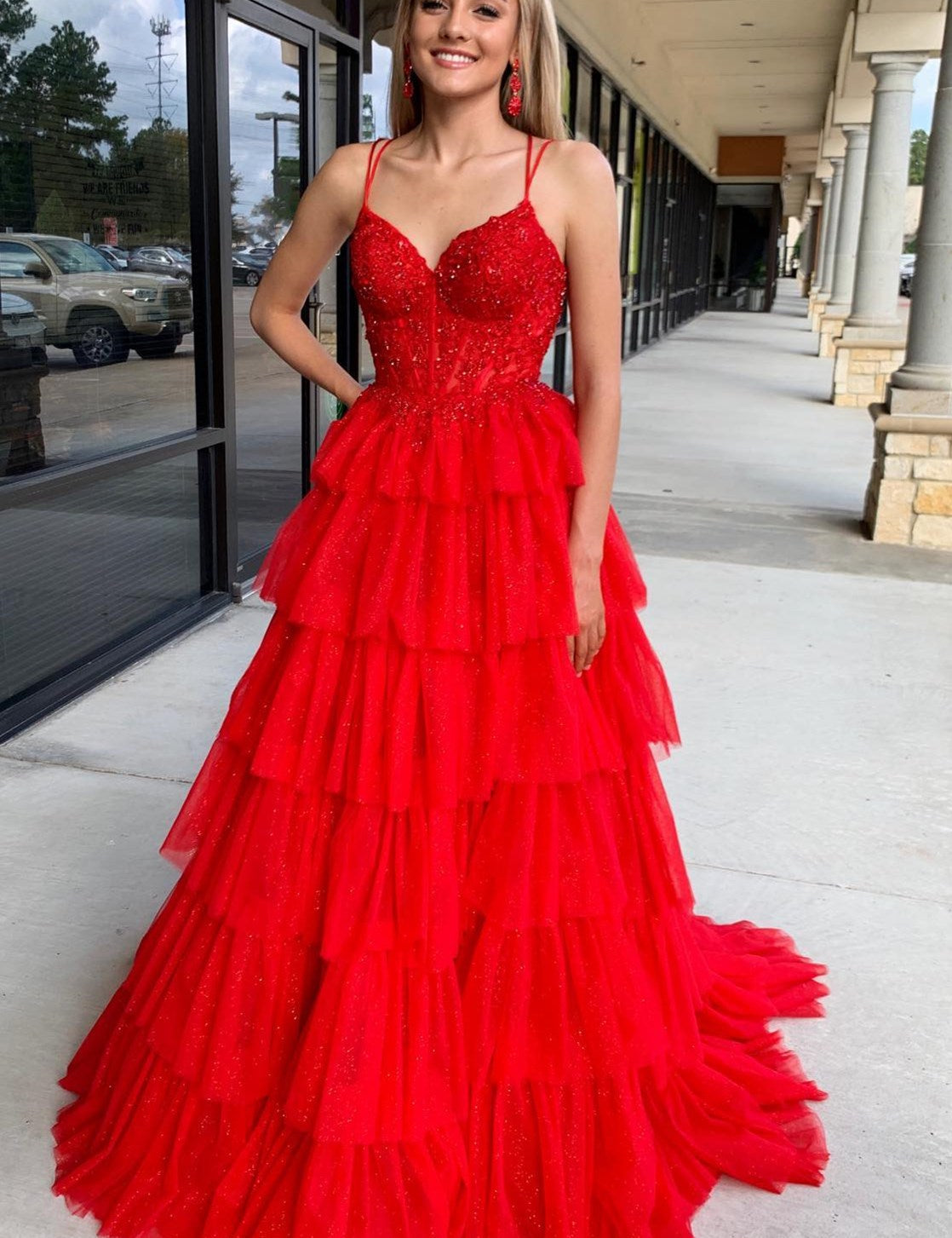 Tiered Ruffle Appliques Corset Long Prom Dress with Spaghetti Straps