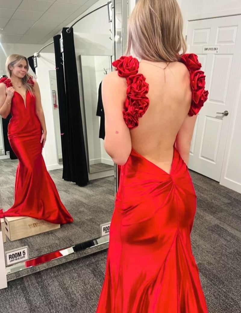 Rosette Plunge V Backless Mermaid Long Gown