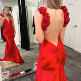 Rosette Plunge V Backless Mermaid Long Gown