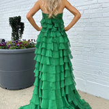 Strapless High-Waist Ruffle Tiered Long Prom Dress with Bow