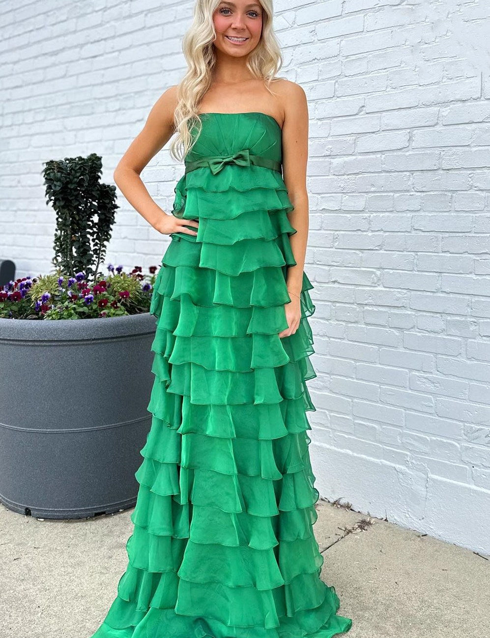 Strapless High-Waist Ruffle Tiered Long Prom Dress with Bow