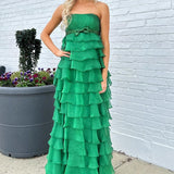 Strapless High-Waist Ruffle Tiered Long Prom Dress with Bow