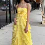 Strapless High-Waist Ruffle Tiered Long Prom Dress with Bow