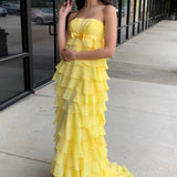 Strapless High-Waist Ruffle Tiered Long Prom Dress with Bow