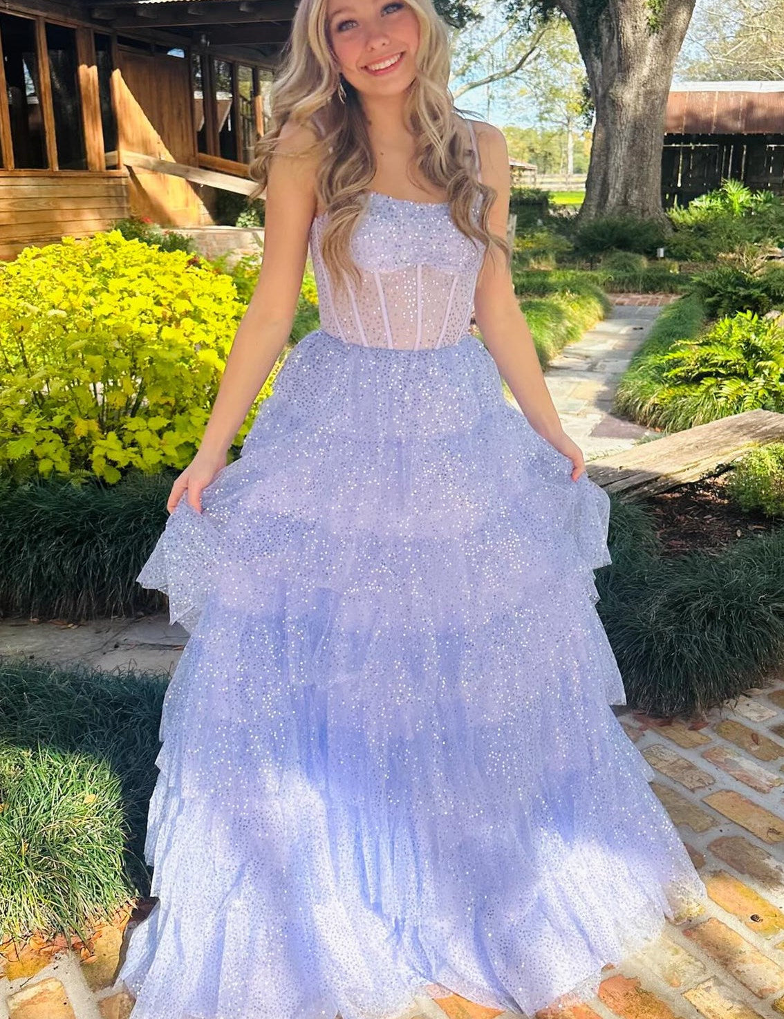 Lavender Tulle Sequin Ruffle Tiered Long Prom Dress