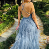 Cross-Back Plunge V Ruffle Maxi Dress in Smoky Blue