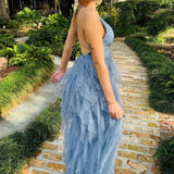 Cross-Back Plunge V Ruffle Maxi Dress in Smoky Blue