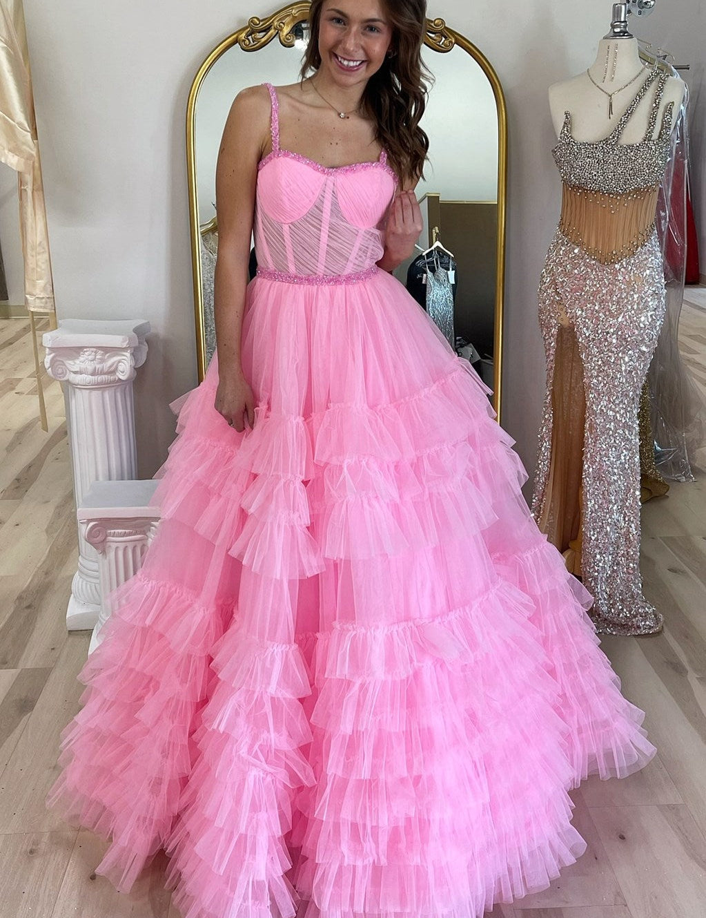 Tiered Ruffle Sweetheart Beaded Long Prom Dress