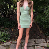 Sage Green Notched Ruched Mini Homecoming Dress