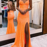 Sparkly Orange Sequins Mermaid Long Prom Dress