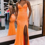 Sparkly Orange Sequins Mermaid Long Prom Dress