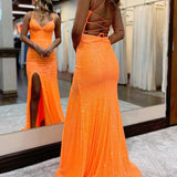 Sparkly Orange Sequins Mermaid Long Prom Dress