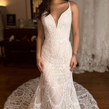 Paulina | Mermaid V-Neck Spaghetti Straps Sweep Train Lace Wedding Dress