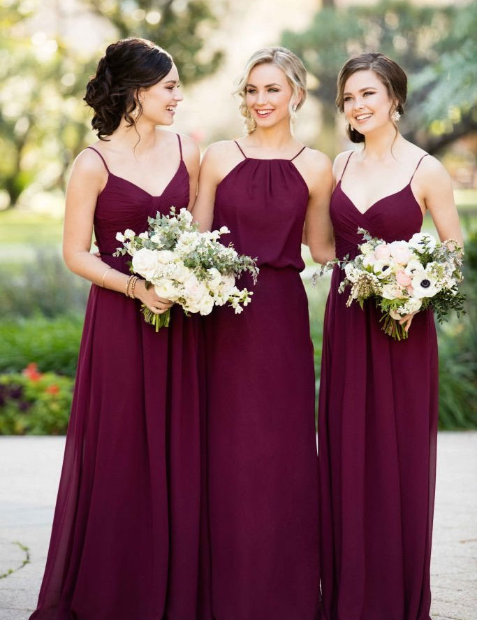 Mix A Line Chiffon Sleeveless Burgundy Straps Long Bridesmaid Dresses