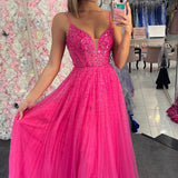 Emmalyn | Straps Neon Pink Beaded A-Line Long Formal Dress