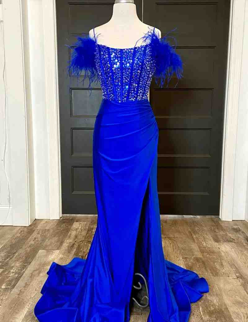 New Mermaid Satin Off The Shoulder Beaded Side Slit Long Prom Dresses With Feather