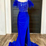 New Mermaid Satin Off The Shoulder Beaded Side Slit Long Prom Dresses With Feather