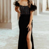 New Mermaid Satin Off The Shoulder Beaded Side Slit Long Prom Dresses With Feather