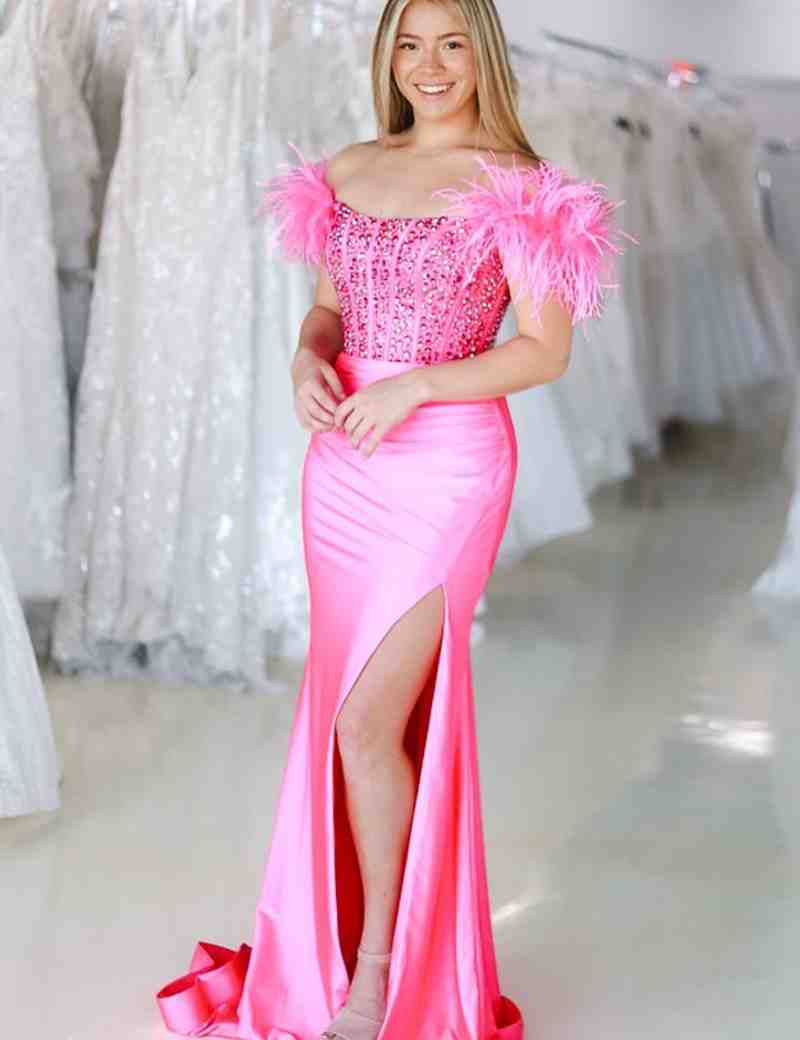 New Mermaid Satin Off The Shoulder Beaded Side Slit Long Prom Dresses With Feather