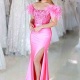 New Mermaid Satin Off The Shoulder Beaded Side Slit Long Prom Dresses With Feather