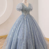 Quinceanera Dress V Neck Tulle Sequin Gray Blue Long Prom Dress Gray Blue Formal Sweet Dress