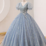 Quinceanera Dress V Neck Tulle Sequin Gray Blue Long Prom Dress Gray Blue Formal Sweet Dress