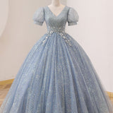 Quinceanera Dress V Neck Tulle Sequin Gray Blue Long Prom Dress Gray Blue Formal Sweet Dress