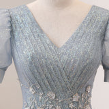 Quinceanera Dress V Neck Tulle Sequin Gray Blue Long Prom Dress Gray Blue Formal Sweet Dress