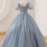 Quinceanera Dress V Neck Tulle Sequin Gray Blue Long Prom Dress Gray Blue Formal Sweet Dress