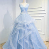 Sweetheart Baby Blue Organza V Neck Ruffles Appliques Prom Dresses