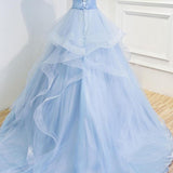 Sweetheart Baby Blue Organza V Neck Ruffles Appliques Prom Dresses