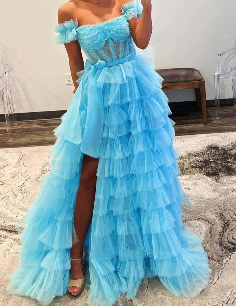 Adalynn | Royal Blue Off the Shoulder Ruffle Tiered Tulle Long Prom Dresses with Slit