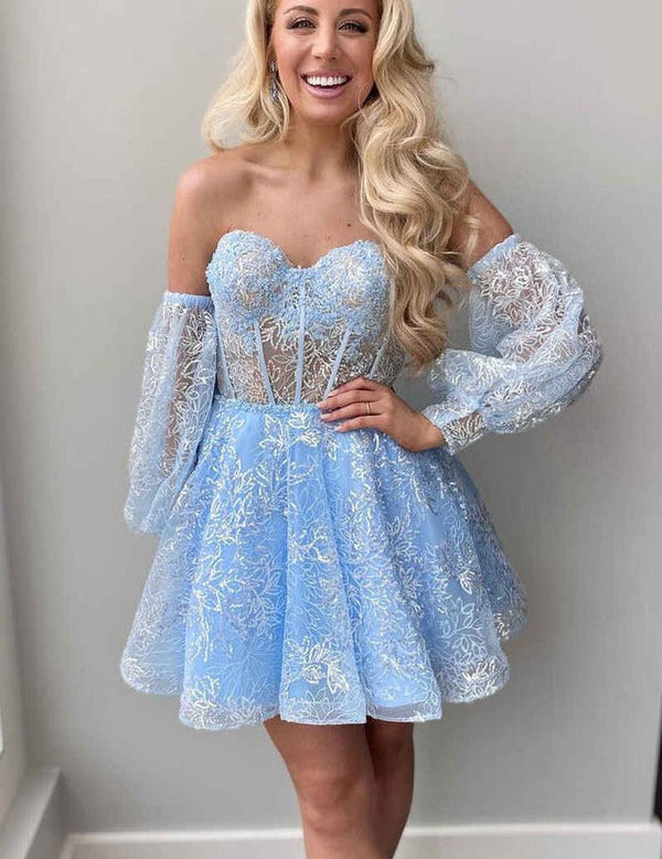 Lorna |A Line Sweetheart Corset Homecoming Dress with Sleeves