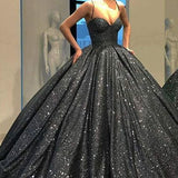 Sweetheart Spaghetti Straps Sequins Ball Gown Black Sparkly Prom Dresses