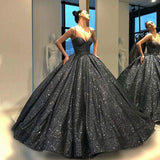 Sweetheart Spaghetti Straps Sequins Ball Gown Black Sparkly Prom Dresses